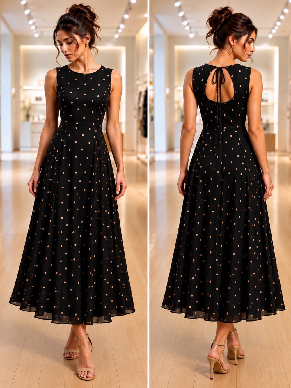 Valerie Dresses Elegant Black Silk Maxi Dress with Gold Polka Dots size 12